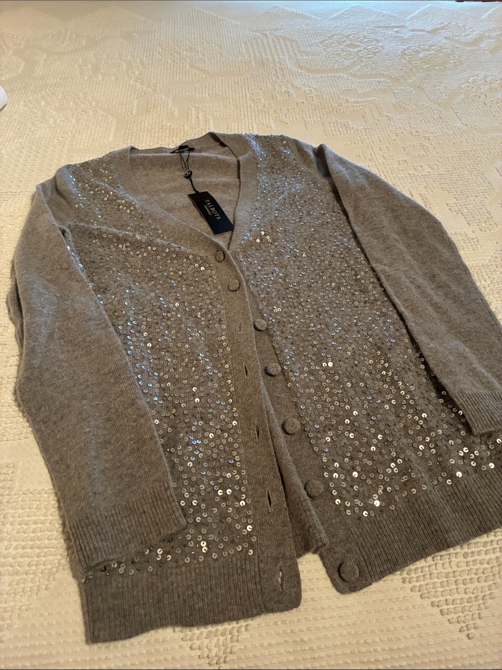 Talbots Gray Sequin V-Neck Button Cardigan